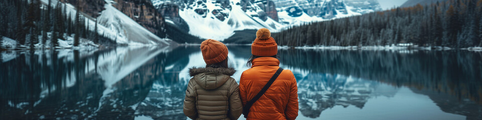 Couple travel banner landscape happy hikers in winter alps lake view. woman and man standing by the lake, weekend trip in the mountains - obrazy, fototapety, plakaty