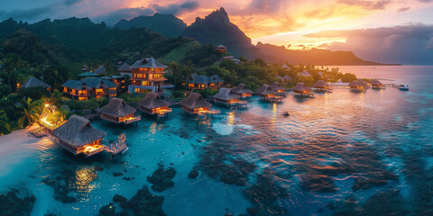 top view during sunset Romantic honeymoon getaway in overwater bungalows villas of Tahiti resort,...