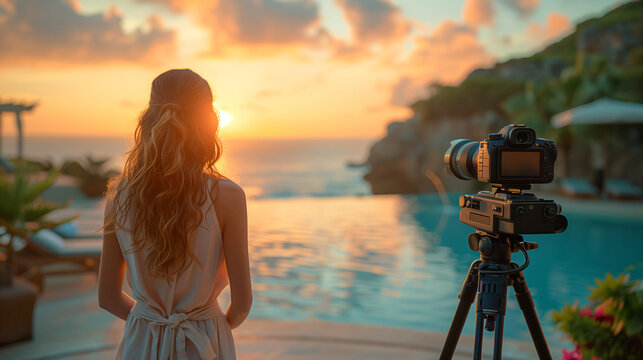 Video camera filming a woman acting for a movie in a luxury hotel location by a pool behind the scenes of a shoot. Professional videography equipment shooting outdoors, travel blogger influencer 