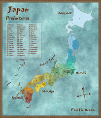 Stylized illustrated map showing the four main islands of Japan, with prefectures labelled in English, 3d digitally rendered illustration