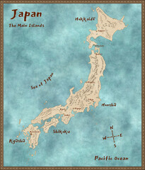 Illustration of a stylized map showing the four main islands of Japan, with islands, major towns and mountainous areas, 3d digitally rendered illustration