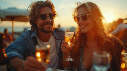 Outdoor shot of a young couple toasting drinks at a rooftop party. Young man and woman hanging out with drinks at sunset, people toasting drinks at a cocktail party