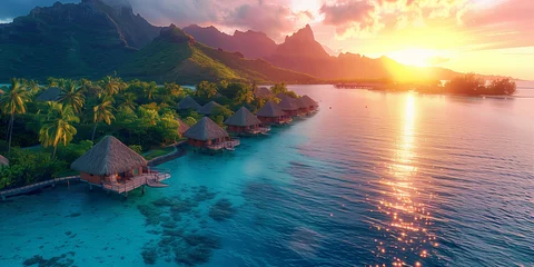 Papier Peint photo Bora Bora, Polynésie française Luxury travel vacation destination Luxury overwater bungalow with a thatched roof in a honeymoon vacation resort in the clear blue lagoon with a view on Mt. Otemanu on the tropical island of Bora Bora