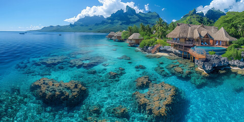 Over water bungalows on a tropical island 