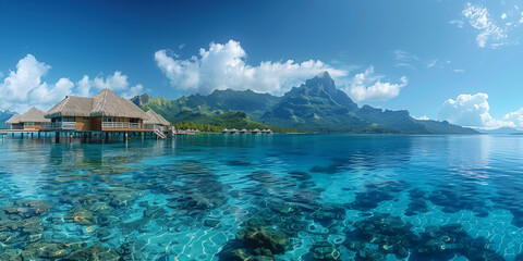 Luxury travel vacation destination,Romantic honeymoon getaway in overwater bungalow villas of Tahiti resort, Bora Bora, French Polynesia.  - obrazy, fototapety, plakaty