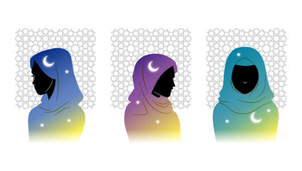Set of beautiful muslim women, islamic female praying for Allah God in holy month. Wearing hijab of night sky studded with stars and  elegant crescent moon. Ramadan Kareem, Eid Mubarak greeting icon. 