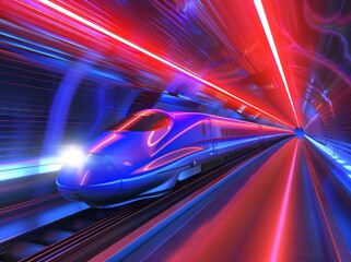 Modern maglev Train Traveling Down Train Tracks, evolution technology concept, into the tunnel, neon lights