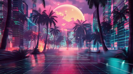 futuristic cityscape filled with towering skyscrapers, glowing neon lights, fantastic down town,  - obrazy, fototapety, plakaty