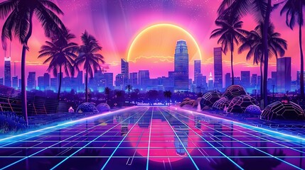 futuristic cityscape filled with towering skyscrapers, glowing neon lights and glow - obrazy, fototapety, plakaty