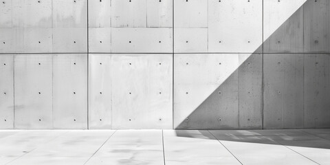 Within a modern minimalist environment, the starkness of white concrete serves as a focal point, its clean lines intersected by shadows, adding visual interest to the space.
