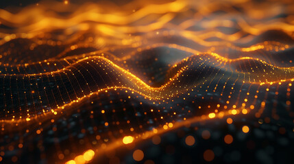 An abstract visualization of a digital landscape with flowing golden particles creating wave-like patterns, signifying data flow or connectivity.