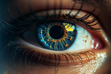 Close Up Aufnahme einer Iris, Auge einer Frau mit glänzender und glühender Iris im warmen Sonnenlicht - obrazy, fototapety, plakaty