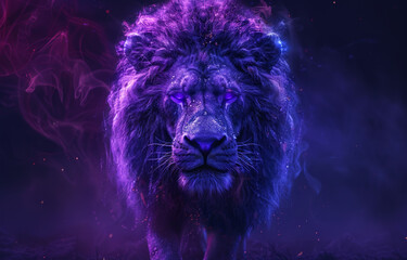 Zodiac sign Leo with a stylized lion head in purple and blue neon lights on a starry background.