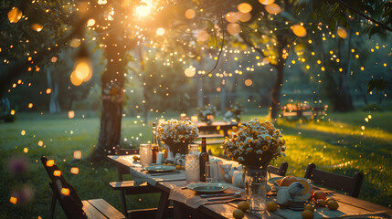 Outdoor celebration, nature joining in the party. An outdoor dinner table is bathed in the golden light of dusk, surrounded by a magical display of fireflies in a serene garden setting.
