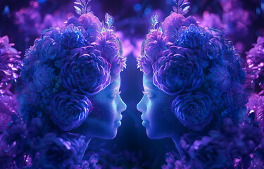 Gemini zodiac sign depicting twins in purple and blue neon lights on a starry background. - obrazy, fototapety, plakaty