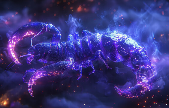 Scorpio zodiac sign with a stylized scorpion in purple and blue neon lights on a starry background.