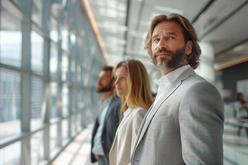 Mature businessman leading a focused team in a bright, contemporary office setting.