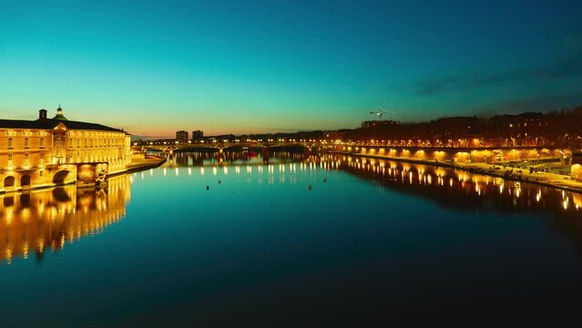 Timelapse Bridge of Catalans (Amidonniers Bridge) is Toulouse, France bridge crossing Garonne river. It is bridge in arch and stone and reinforced concrete inaugurated in 1908. Architect Paul Sejourne