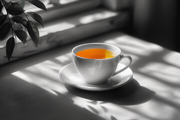 Weiße Tasse Tee auf hellem Grund, Helle Oberfläche mit Tasse heißem Tee - obrazy, fototapety, plakaty