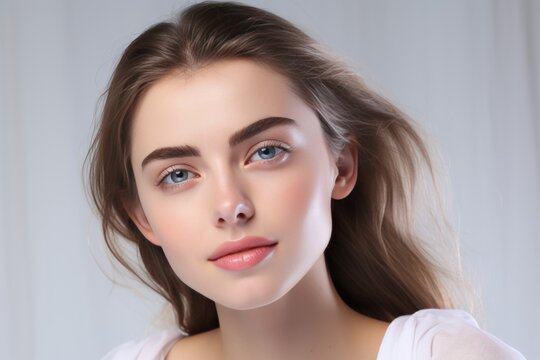 Portrait of a beautiful young woman with long brown hair and blue eyes. She has a clear complexion and a soft smile. The image is taken in a natural setting with a soft focus on the background.