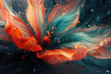 A hyper-realistic painting featuring a detailed flower with sparkling water droplets on its petals. - obrazy, fototapety, plakaty