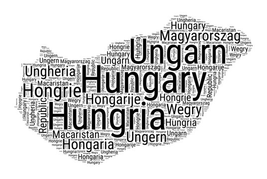 Black and white word cloud in Hungary shape. Simple typography style country illustration. Plain Hungary black text cloud on white background. Vector illustration.