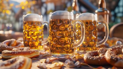 Maß Bier und Brezeln, Konzept Volksfest in Deutschland, Traditionelles deutsches Bier