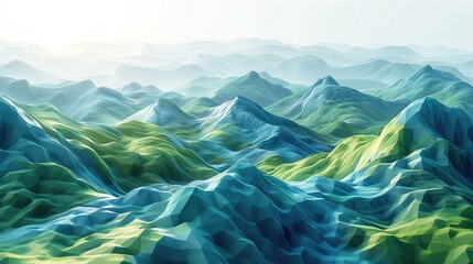 A hyper-realistic painting of a detailed mountain range set against a sky background.