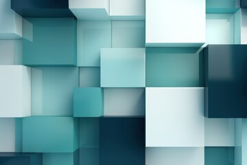 An abstract background with Turquoise and white squares, in the style of layered geometry