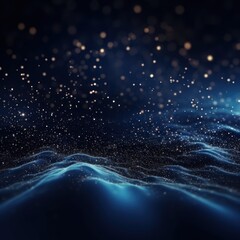 Digital navy blue particles wave and light abstract background with shining dots