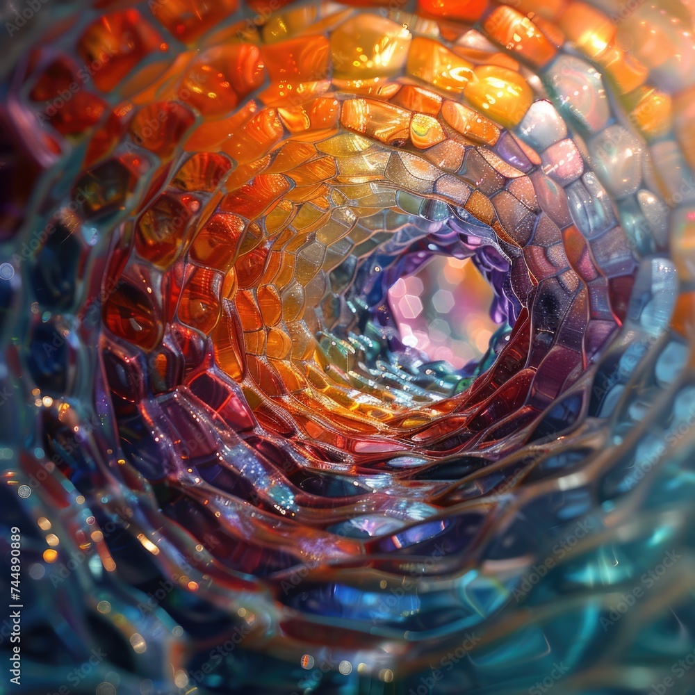 Poster detailed view of a colorful glass object showcasing intricate patterns and bright hues.