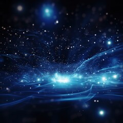 Digital indigo particles wave and light abstract background with shining dots