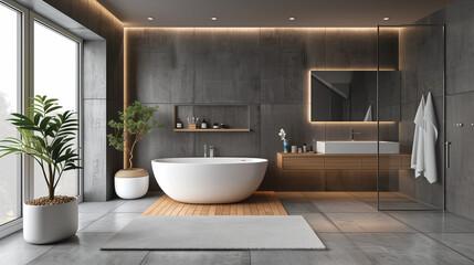 Fototapeta na wymiar Elegant Bathroom with Gray Tones and Walk-in Shower