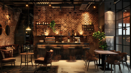 Stylish Urban Cafe Interior Featuring Brick Wall Detail