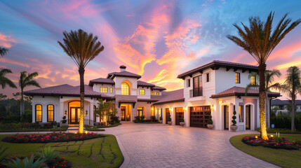 Sunset Elegance: Grand Estate with Towering Façade, Triple Garages, and Twilight Sky
 - obrazy, fototapety, plakaty