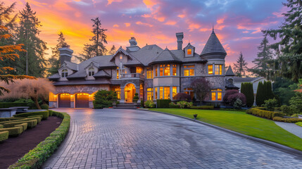 Fototapeta premium Exquisite Mansion Exterior Bathed in Sunset Glow, Featuring Towering Facade and Triple Garage 