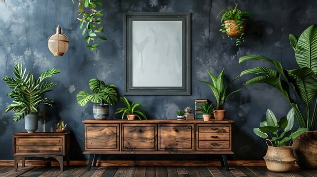 Generative AI : Mockup frame on cabinet in living room interior on empty dark wall background,3D rendering