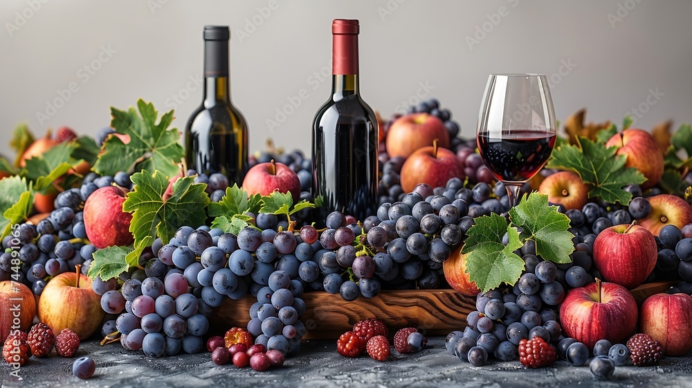Poster generative ai : ripe grapes, wine glasses and bottles of wine isolated on white