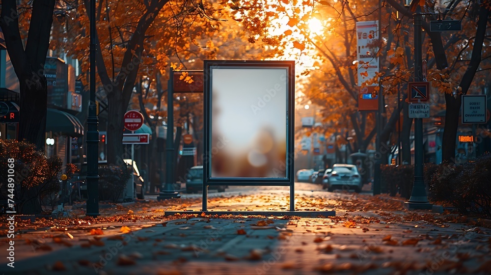 Poster Generative AI : Blank white mockup of bus stop vertical billboard in front of empty street background