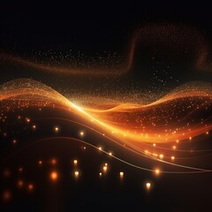 Digital orange particles wave and light abstract background with shining dots