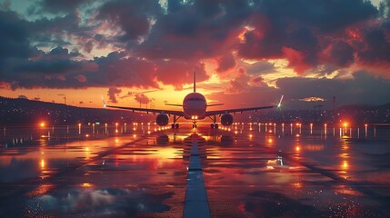Generative AI : passenger plane fly up over take-off runway from airport at sunset - obrazy, fototapety, plakaty
