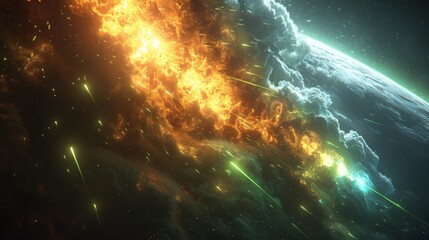 Space Scene with Intense Firestorm and Meteor Shower