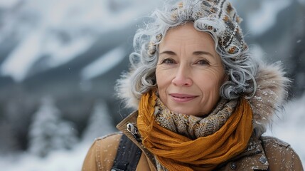 Generative AI : Senior tourist woman hiking at the beautiful mountains - obrazy, fototapety, plakaty