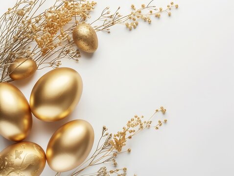 Generative AI : golden eggs easter concept. Easter gold eggs with golden dried flax linum bunch white background. 