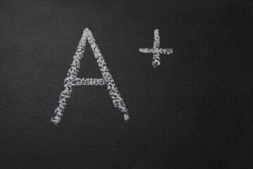 School grade. Letter A with plus symbol on blackboard, top view. Space for text