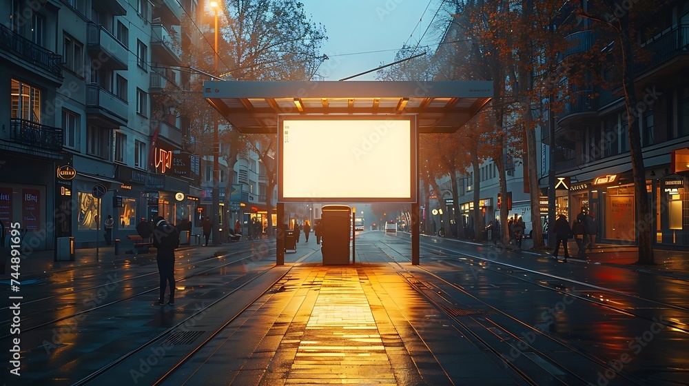 Aufkleber Generative AI : Blank white mockup of bus stop vertical billboard in front of empty street background