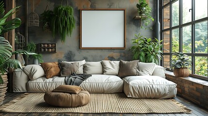 Generative AI : frame mockup in cozy living room interior, poster mockup, 3d render