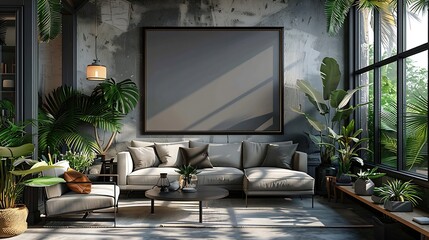 Generative AI : frame mockup in cozy living room interior, poster mockup, 3d render