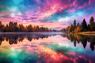 Fotobehang Tranquil evening lake scene, mirroring sky, vibrant sunset colors, reflecting on the water surface in vivid detail, creating a mesmerizing scene of peace and serenity © katrin888
