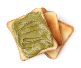 Toasts with tasty pistachio cream isolated on white, top view